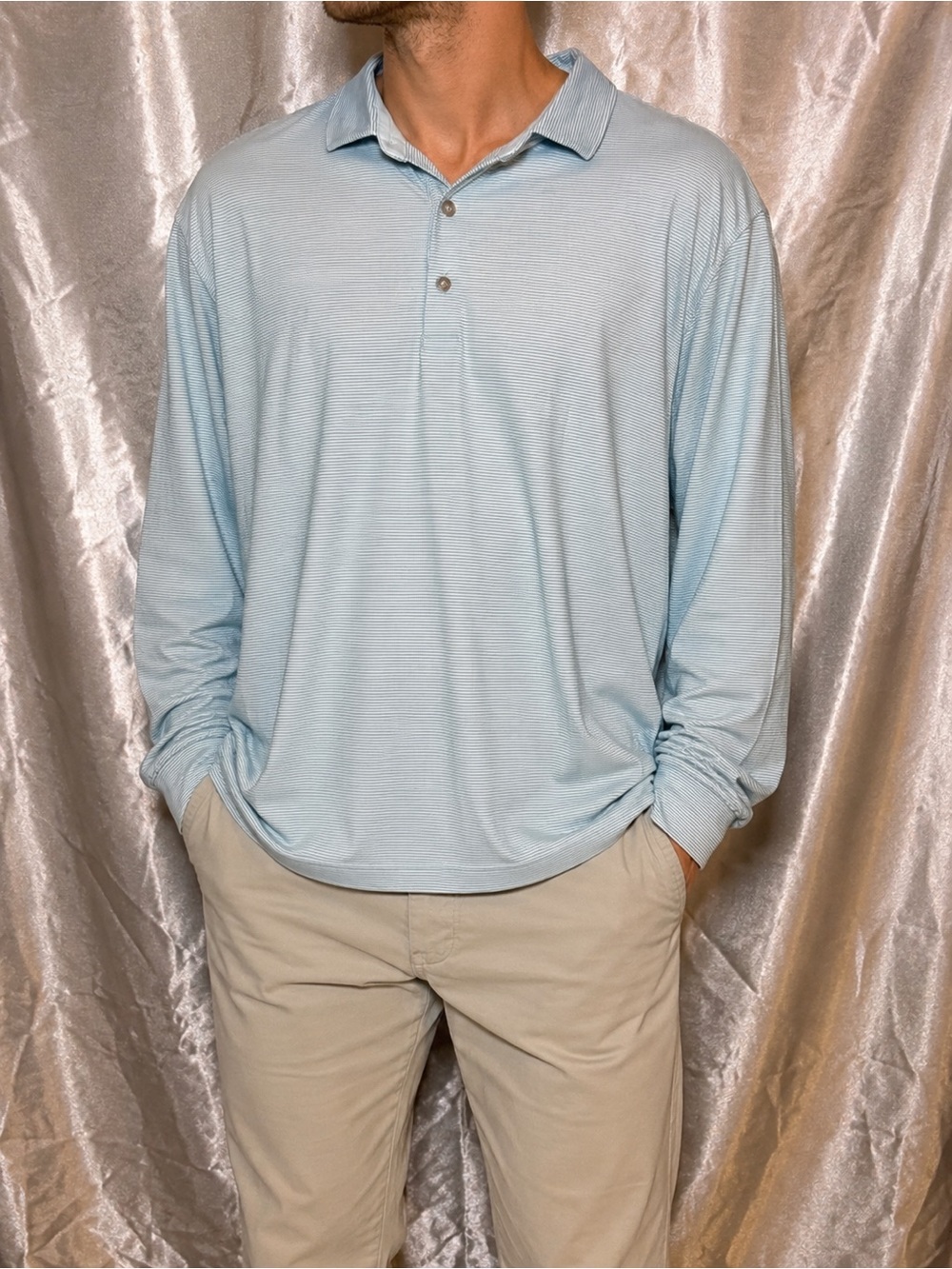 Hickey Freeman Mens XL Long Sleeve Golf Polo Light Blue Stripe NWT $99.50